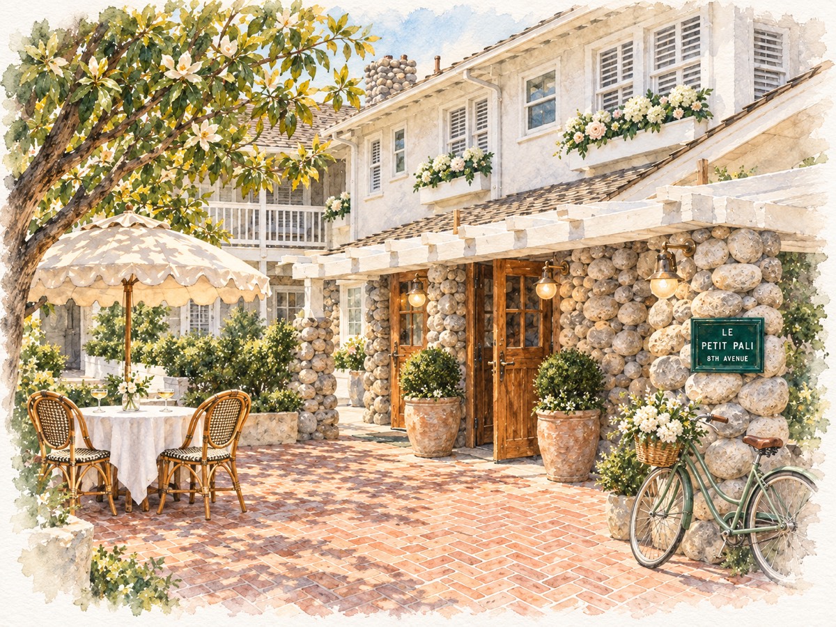 Watercolor of the Le Petit Pali courtyard in Carmel