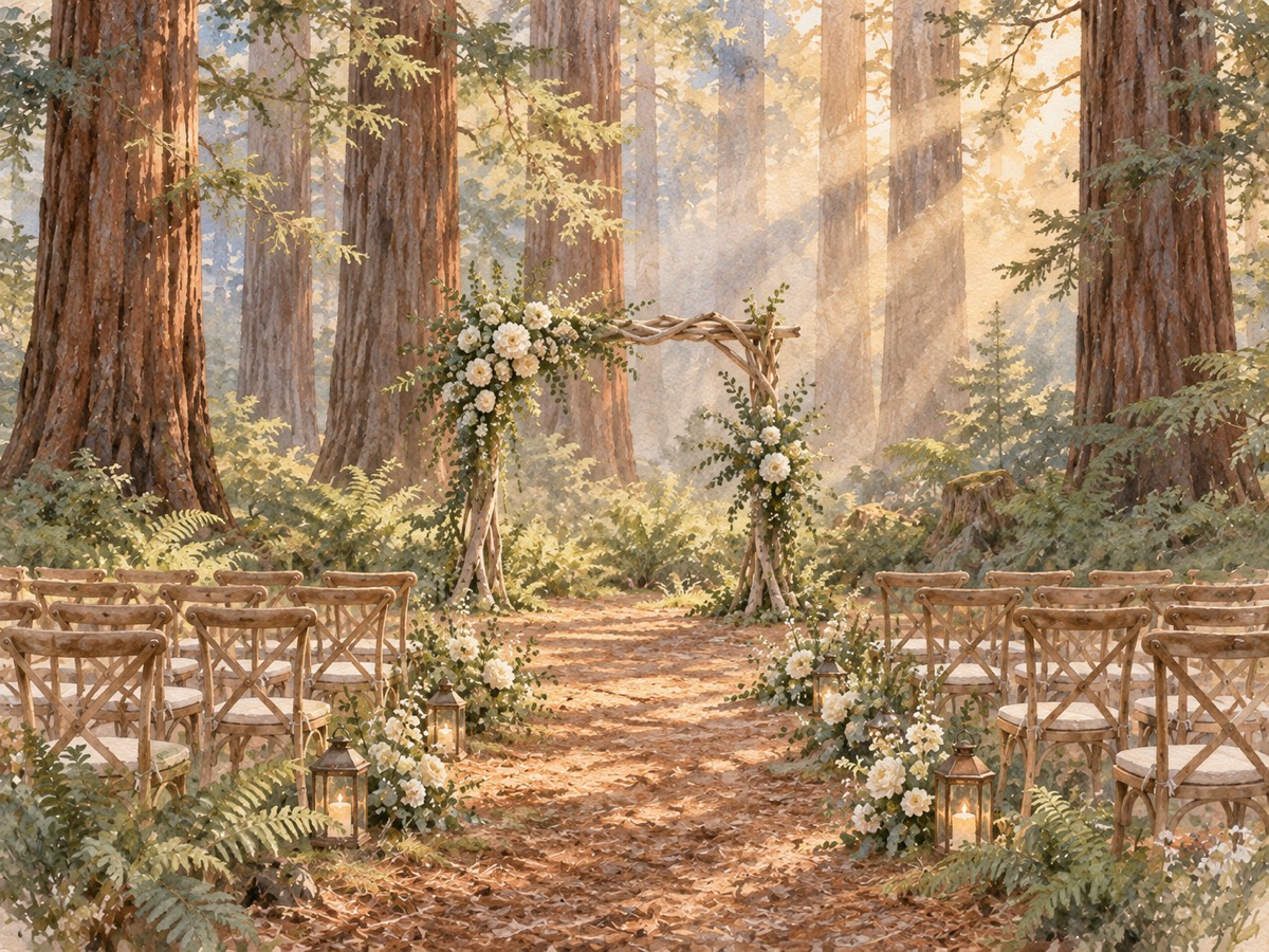 Watercolor of a ceremony arch and chairs in a Big Sur redwood grove