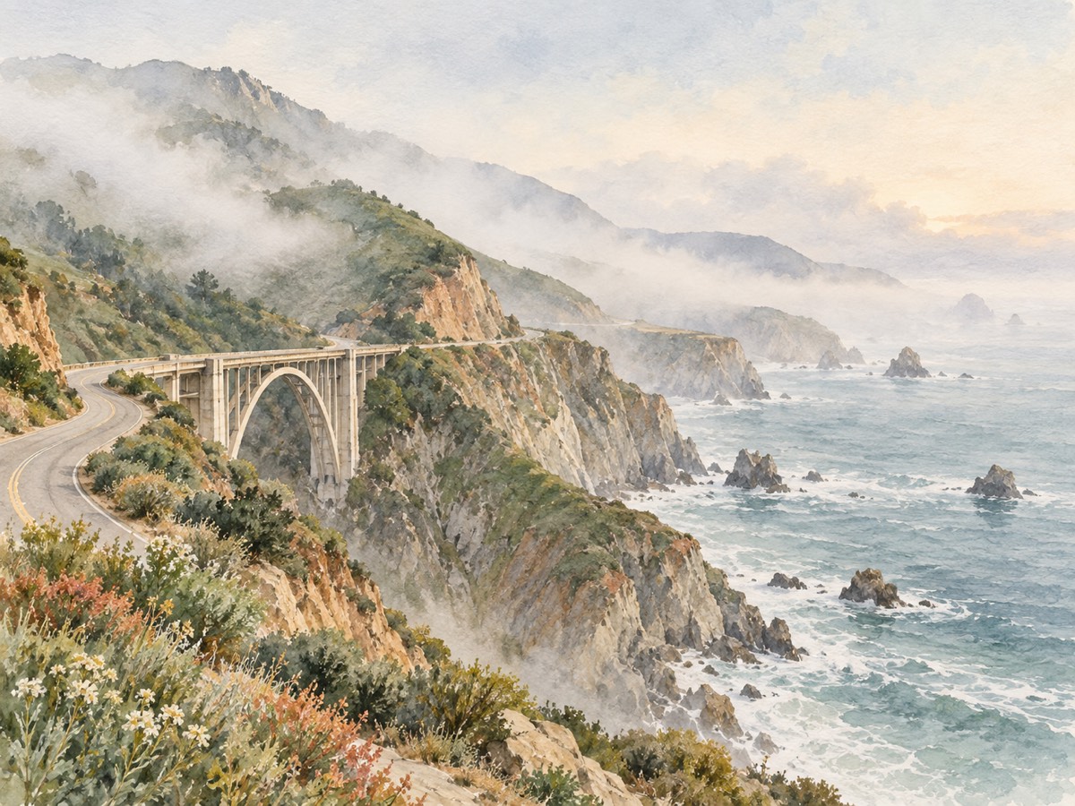 Watercolor of the Big Sur coast road in morning fog