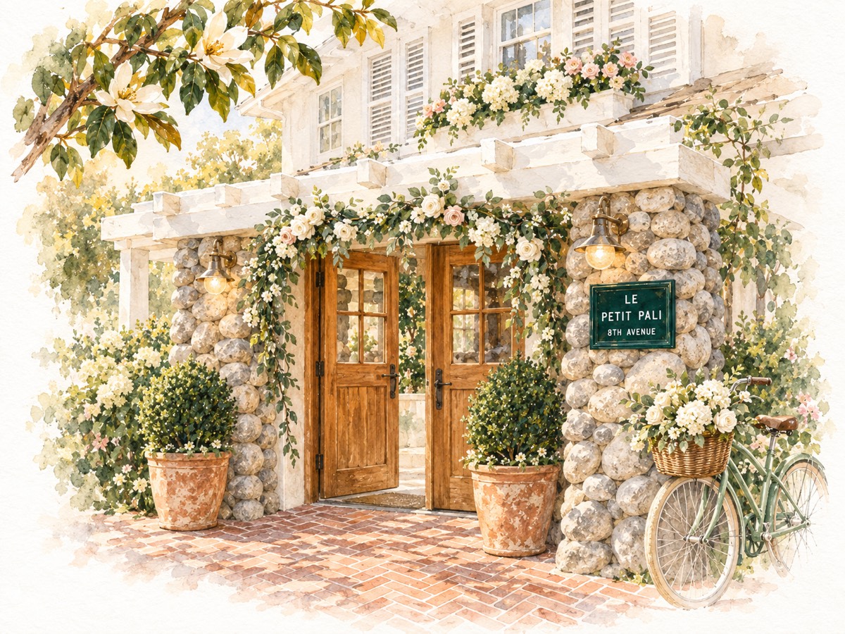 Watercolor of the Le Petit Pali entrance with its green 8th Avenue sign